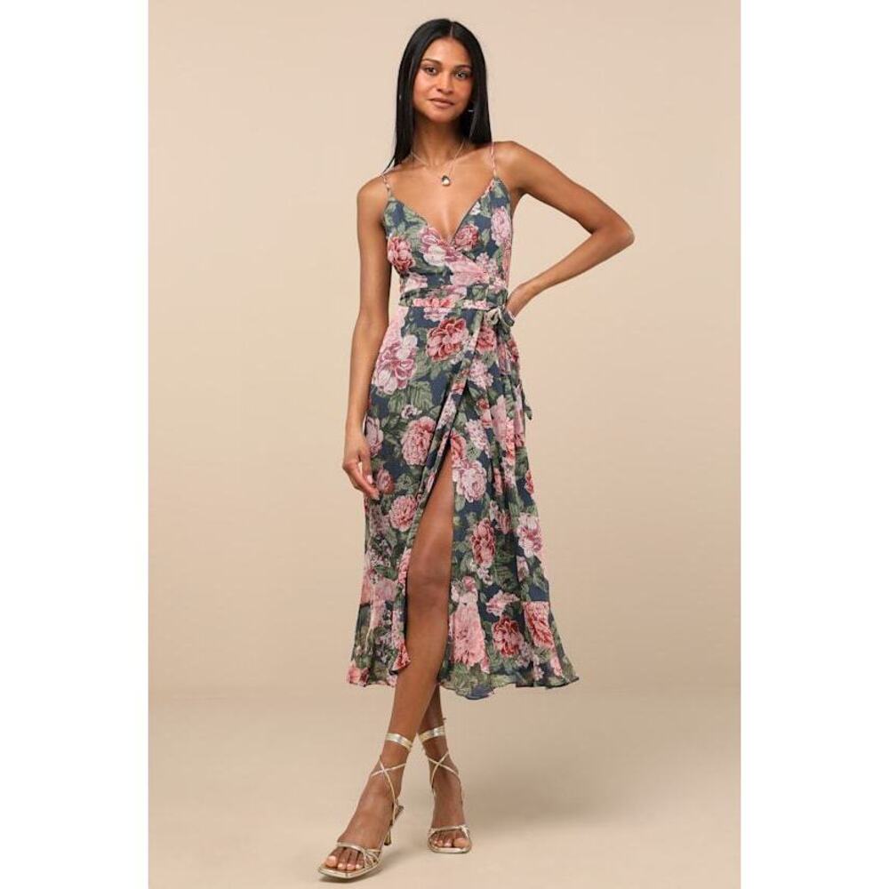 Lulus Delightfully Divine Navy Blue Floral Chiffon Wrap Midi Dress - Size L